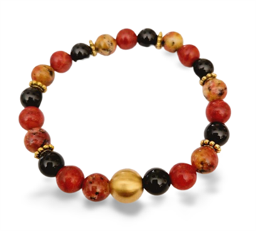 Armbånd - Røde labradorite, skumkoral og sorte agat perler med forgyldte mellemled